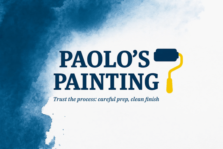 Paolo Painting logo, blue lettering with a yellow paint roller and the tagline Trust the process: careful prep, clean finish